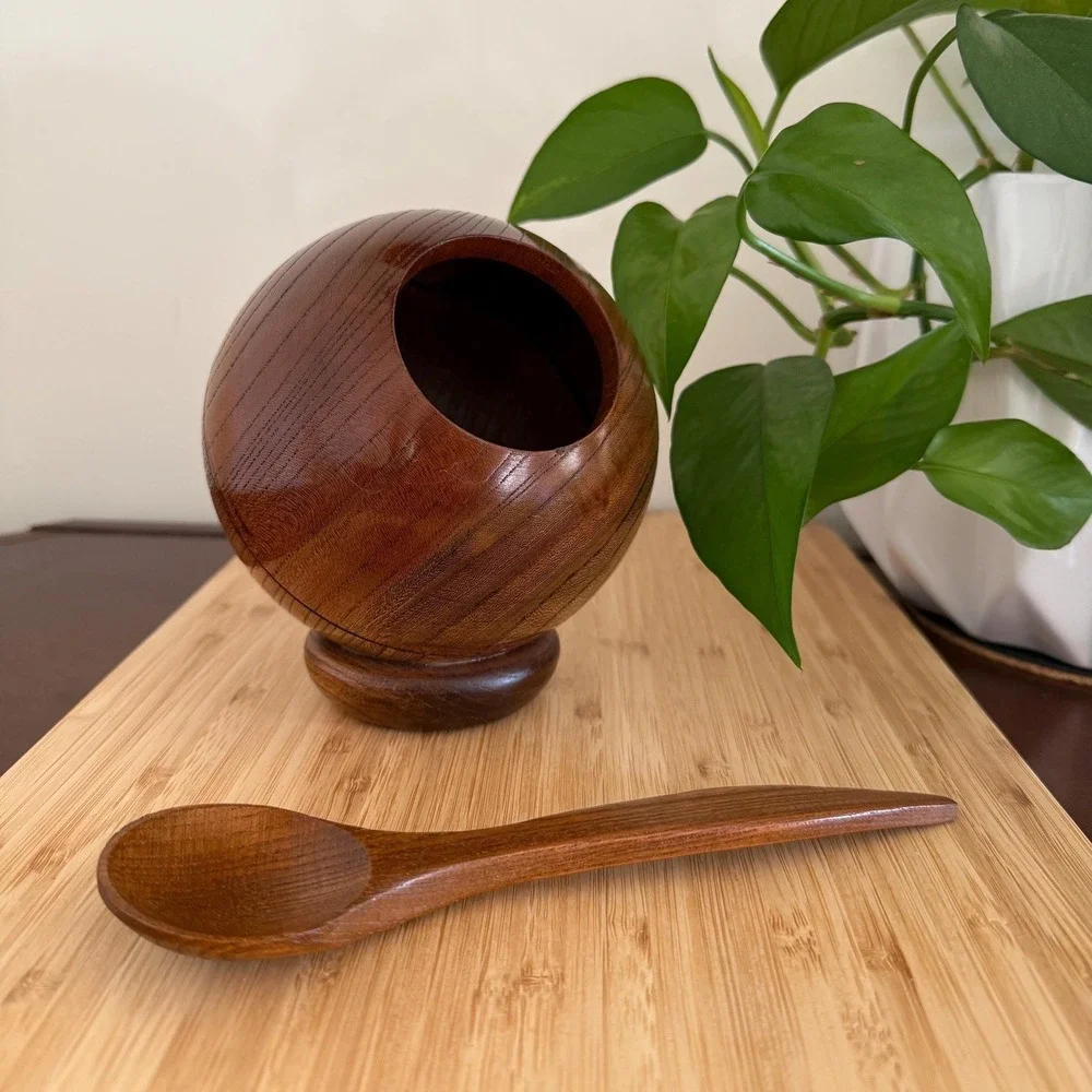 Vintage Teak Orb & Spoon Nut Bowl Salt Cellar Mid Century Atomic Wooden Sphere